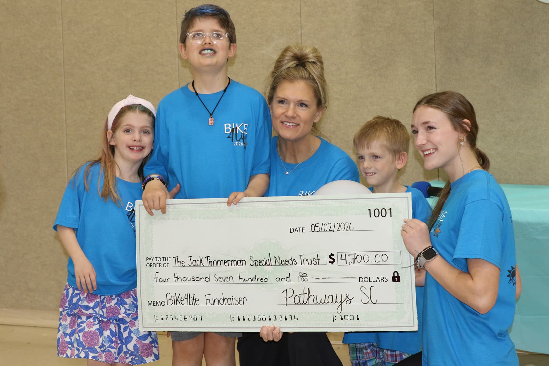 Pathways SC presenting a $4,700 check to the Jack Timmerman Special Needs Trust at Bike4Life